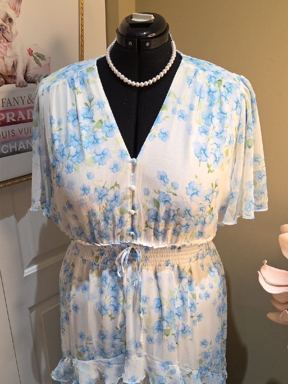 Nwot 2X Tamara H White Maxi Dress with BLUE and Green Floral Print Box 1 - Picture 8 of 17